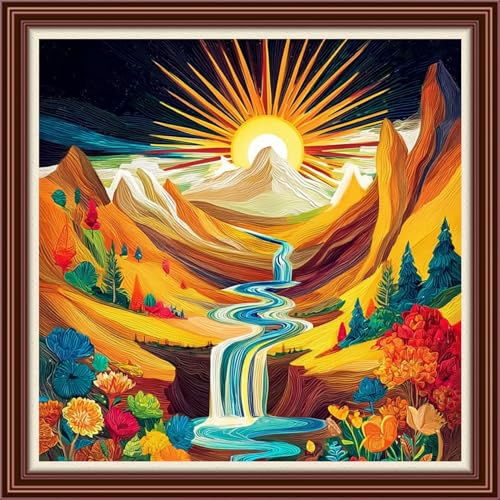 Dimensean Counted Cross Stitch Kit for Beginners, 11CT Unprinted Cross-Stitch Kit Easy Patterns Needlepoint Kit Cross Stitching Embroidery Kit Supplies-Sunrise Mountains and Rivers 18x18 inch - color: Patterns11