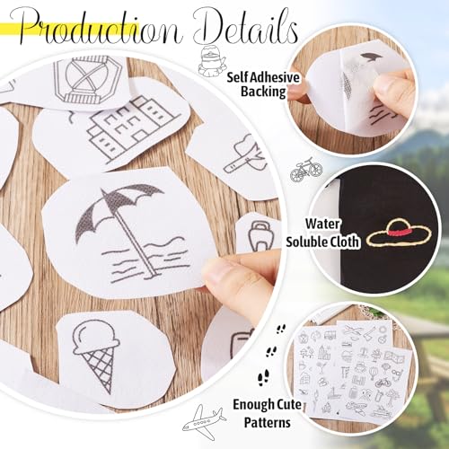 Magibeads 60 Patterns Travel Theme Water Soluble Embroidery Patterns Airplane Landscaping Suitcase Stick and Stitch Transfer Embroidery Paper for Adult Beginners Hand Sewing Starter Kit - color: Travel