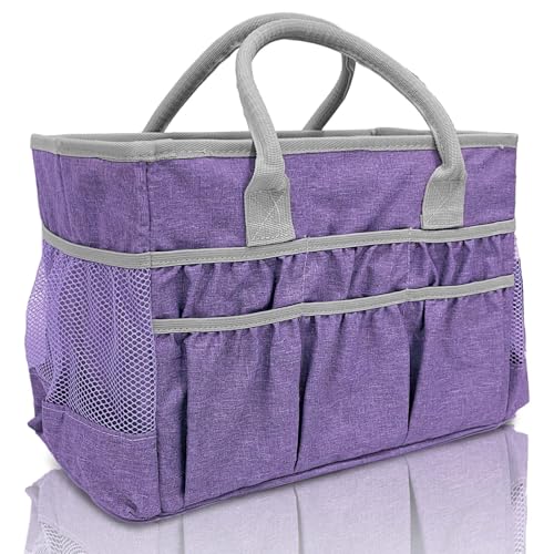 Cupohus Craft Organizer Tote Bag – Craft Caddy with 2 Mesh Side Pockets & Front Elastic Pockets, Foldable Large Capacity Supply Storage Bag for Sewing, Knitting, Painting, and Travel (Purple) - color: Purple