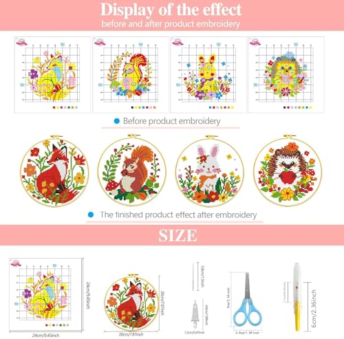 Zhenqing 4 Pack Woodland Animal Stamped Cross Stitch Kit, 11CT Printed Fox Squirrel Hedgehog Bunny Patterns with Hoop and Tools for Adults and Beginners - color: Fox Squirrel Hedgehog Bunny