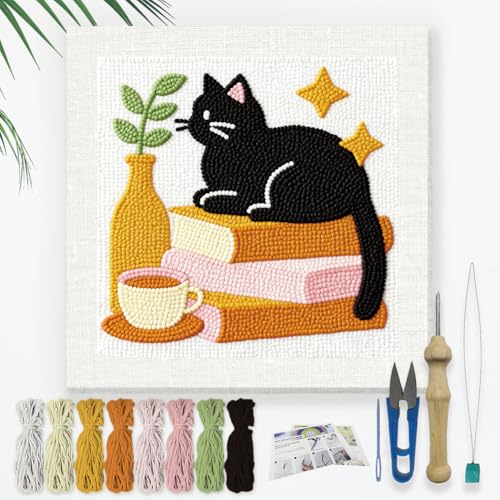 Doodlream Cat on Books Needle Kit for Beginner, 9.4"x 9.4" Coffee and Plant Punch Stitching Craft Set, Color DIY Embroidery Starter with Printed Frame, Instruction, Threader, Yarn, Pinch Needle - color: Cat