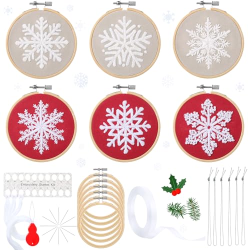 Roowest 6 Sets Christmas Embroidery Kits Snowflake Ornament DIY,Red, White - color: Red, White