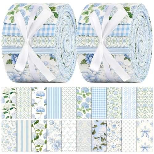Hosuly 40 Pcs Hydrangea Fabric 2.55" Blue White Floral Jelly Fabric Strips - color: Hydrangea
