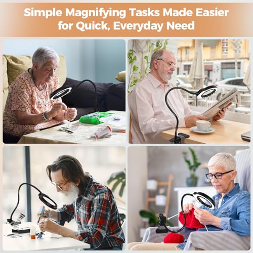 Magnifying Glass with Light and Clamp Desktop Bigger 10X Magnifier Desk Clip on Lamp for Close Work, Bed Book Reading,Crafting,Sewing, Soldering, USB (Black, 18.6 inch)