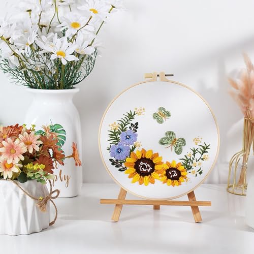 GLTAYLMY 3 Sets Embroidery Starter Kit with Pattern and Instructions, Cross Stitch Set, Stamped Embroidery Kits with 3 Embroidery Clothes with Pattern, 1 Embroidery Hoop(Sunflower) - color: Sunflower