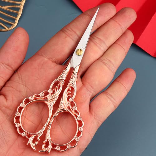 Jasni Pretty Embroidery Scissors 5 Inch Small Sewing Crafting Stainless Steel Vintage peach blossom handle for DIY tools Craft Tailor Threading Shears 2 Packs with cover (Rose gold and Blue) - color: Rose Gold and Blue