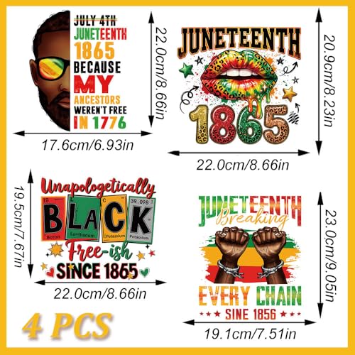 Juneteenth Heat Transfer Vinyl HTV Decals 4PCS Black History Iron on Patches for Clothing Black Men Fist Lips Power Matter Design Washable DTF Ready to Press Patches for Pillow Cover Pants DIY Decor - color: Juneteenth D