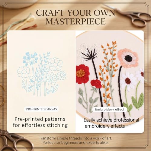 Harimau Adult Beginner Embroidery Starter Kit, Complete Set with 4 Patterns, 2 Hoops, Needles, Scissors, Instruction Guide & Stitching Video Tutorials - color: Floral4 pattern