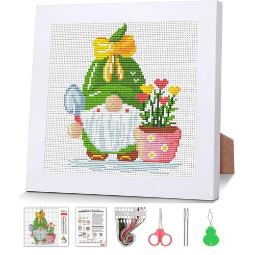 Gnomes Stamped Cross Stitch Kits for Adult Beginner with Wooden Frame - color: Gnome Plants