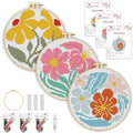 3 Pack Flower Stamped Cross Stitch Kits for Beginners,with Hoop 6x6 inch - color: Abstract Flowers-2607