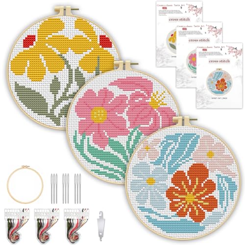 3 Pack Flower Stamped Cross Stitch Kits for Beginners,with Hoop 6x6 inch - color: Abstract Flowers-2607