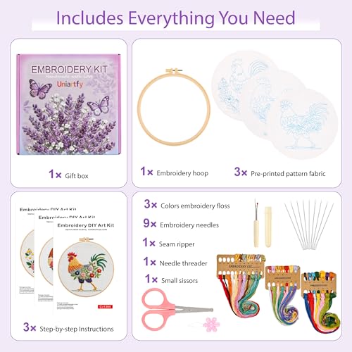 Uniartfy 3 Pack Funny Rooster and Flower Embroidery Kits for Beginners, Animal Cross Stitch Kit for Adults, DIY Needlepoint with Stamped Pattern, Embroidery Hoop, Tools, Colorful Threads, Instructions - color: Embroidery Kit-M
