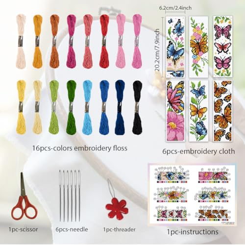 ORIGACH 6 Set Butterfly & Flower Cross Stitch Bookmark Kit for Beginner - style: Butterflies