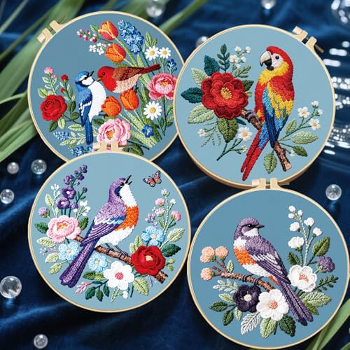 FREEBLOSS 4 Sets Embroidery Kit for Beginners Needlepoint Birds&Wreath Stamped Embroidery Starter Kit with Instructions, Needles, Threads, 2 Hoops 11.6"/29.5CM - style: Bird Wreath
