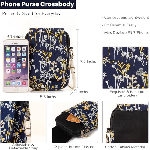 Embroidery Flowers Canvas Crossbody Bag, Women Messenger Bag, Cellphone Pouch Purse - color: Deepblue Grass