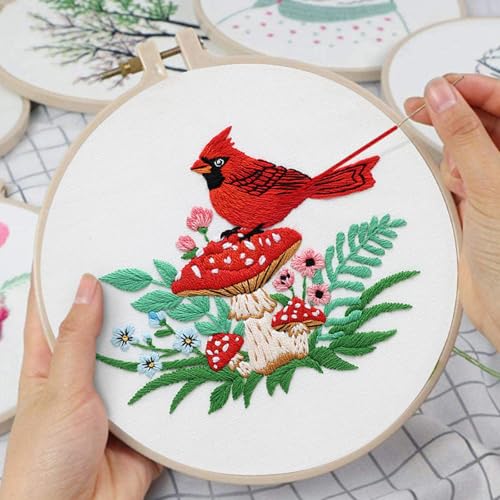 Louise Maelys Cardinal Mushroom Embroidery Kit for Beginners DIY Craft - color: Cardinal