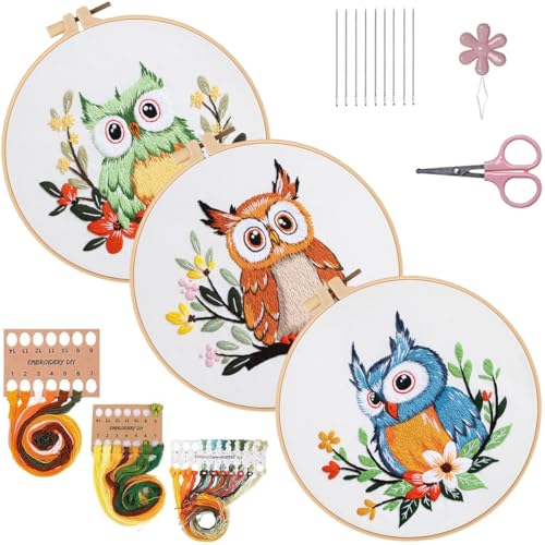 Konrisa Owl Embroidery Kit for Beginners Adult, Embroidery Starter Kit with Cloth Hoops Threads DIY Sewing for Craft Lover Hand Stitch Needlepoint Kits - color: owl