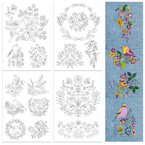 Peacoblue Bird and Flower Stick and Stitch Embroidery Patterns - color: Bird and Flower