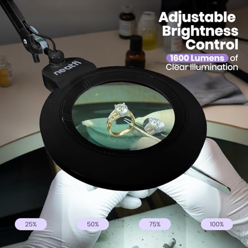 Neatfi XL Bifocal LED Magnifying Lamp, 7” Acrylic Lens, 2.25X/6X Magnification, 1,600 Lumens Dimmable | Hands-Free Close Work | Crafting, Jewelry & Reading (Black, 7-inch Lens, Non-CCT with Clamp) - color: Black, size: 7-inch Lens, Non-CCT with Clamp