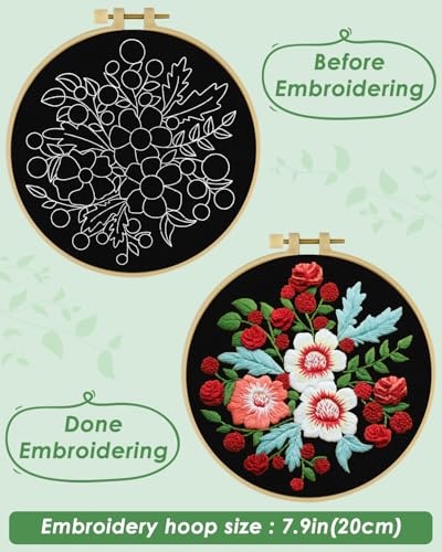 ERKOON Embroidery Kit for Beginners, Flower Cross Stitch Set for Include Embroidery Cloth Hoops Threads for Craft Lover Hand Stitch with Embroidery Skill Techniques (Dream Black Cloth) - color: Dream Black Cloth