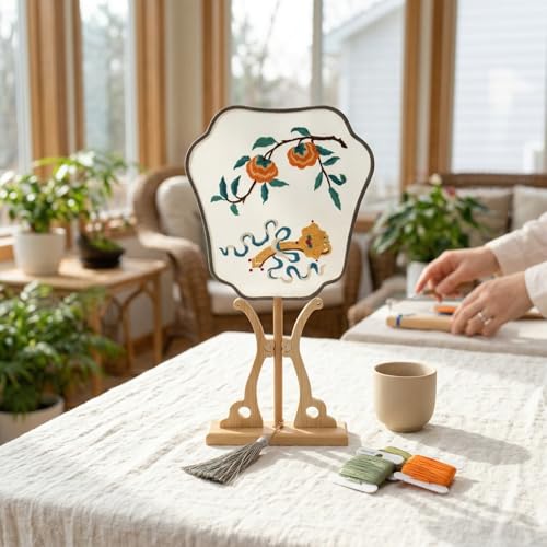 QIZUOLIFE Chinese Embroidery Fan Kit for Beginners - style: Persimmon's Lingering Charm