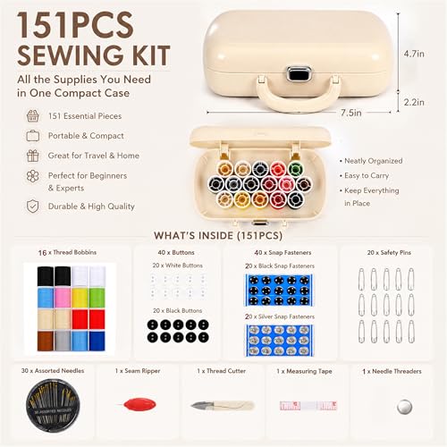 FKOG Retro Green Sewing Project Kit, 151 Pcs Sewing Kit with Portable Retro Hard-Shell Case, 18 Multicolor Thread Spools, Needles, Buttons, and Accessories (Used Green) - style: Used Green