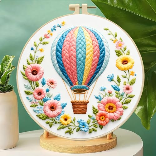 Zhenqing Floral Wreath Hot Air Balloon Embroidery Kit for Beginners - Complete Set with Pre-Printed 29x29cm Cotton Fabric, Hoop, Threads & Tools(C0113)