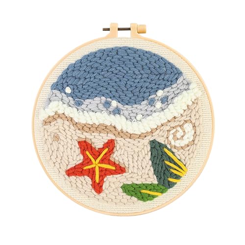 Beach Seaside Punch Needle Kit for Beginners, Crochet Kit for Adult, All-in-One DIY Craft Set with Pre-Printed Fabric, Embroidery Hoop, Threads, Tools, Ideal Craft Gift, Home Decor - color: SUN-BEACH
