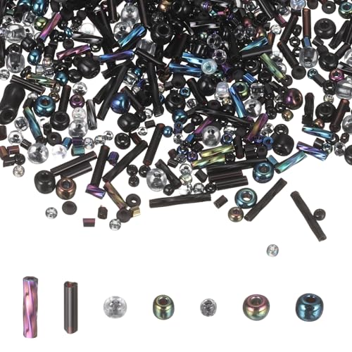 MECCANIXITY 5000 Pcs Mixed Glass Seed Beads, 1.5-6mm Mini Loose Glass Bugle Spacer Bead Embroidery Beads for DIY Craft Projects Earrings Necklaces Bracelets Jewelry Making, Black - color: Black