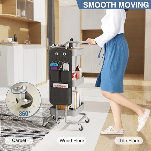 DTK 3-Tier Rolling Cart with Table Top, Metal Utility Cart with Side Bags - color: Gray, size: Large