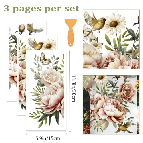 3 Sheets Vintage Flower and Bird Rub on Transfers for Crafts and Furniture 12×6inch Floral Peony Rose Furniture Transfer Stickers for Wood Furniture Cabinet Dressers Home Decor - style: Vintage Flower and Bird