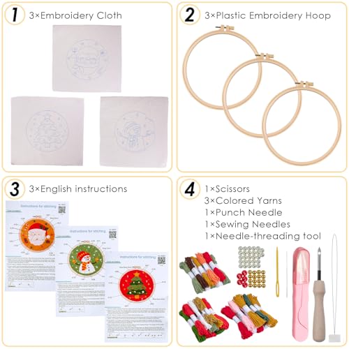 Punch Needle Kit for Adults Beginners - 3 Sets DIY Embroidery Starter Kit - color: 07-snowman