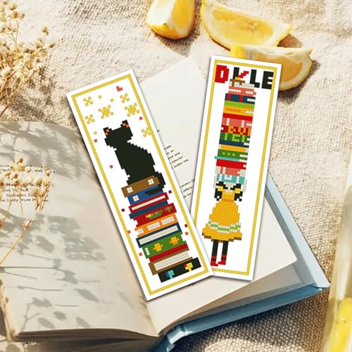 Zhenqing Bookish Cat Stamped Cross Stitch Bookmark Kit, 6 Bookshelf and Reading Designs on 11CT Printed Fabric for Adults and Beginners, Gift for Book and Cat Lovers - color: Cat Bookshelf Bookmarks