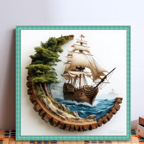 KYOQFVN Sailboat Stamped Cross Stitch Kits, Ocean Sail Boat Needlepoint Counted Cross Stitch Kits for Beginners Adults, Patterns Dimensions Needlecrafts Embroidery Kits Arts and Crafts 14×14 Inch - color: SZXCHUAN-US