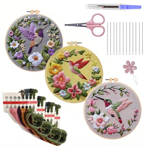 LB 3 Pack Hummingbird Flower Embroidery Kit for Beginners Funny Simple Beginner Embroidery Kit for Adults DIY Starter Kit with Embroidery Hoop Colorful Threads Tools Step by Step Instructions - color: Pink
