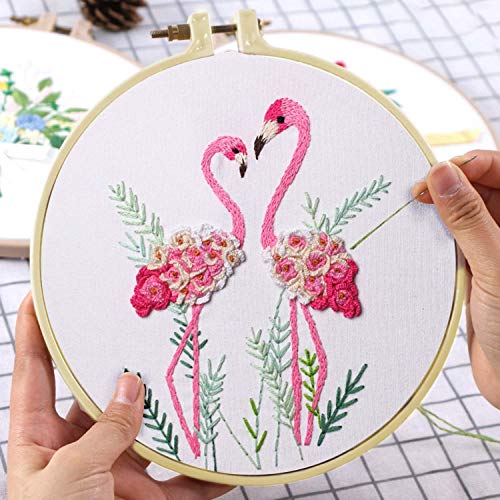 Konrisa Flamingo Embroidery Kit for Beginners with Pattern Floral Stamped Full Range of Embroidery Starter Kit for Adults Cross Stitch Kit with Embroidery Cloth, Hoops, Color Thread and Tools,Set of 2 - color: Type-2