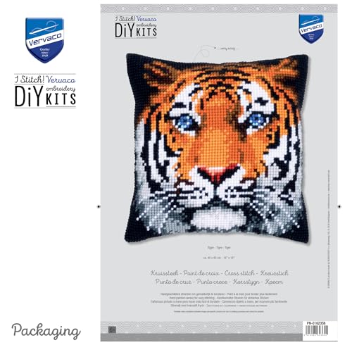 Vervaco Cross Stitch Embroidery Kits Pillow Front for Self-Embroidery with Embroidery Pattern on 100% Cotton and Embroidery Thread, 15,75 x 15,75 Inches - 40 x 40 cm, Tiger - color: multicolor