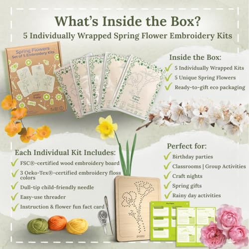 Wooden Flower Lacing Embroidery Kits for Beginners, Set of 5 Learn-to-Stitch Craft Boards, Sewing & Embroidery Art Kits for Kids Ages 8+, DIY Craft Projects, Educational Gifts, Party Favors (Spring) - style: Spring