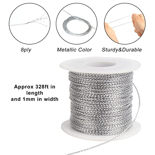 FOIMAS Silver Metallic Cord,Tinsel String Thread for Craft Jewelry Making Braids Gift Wrapping Hanging Ornament,109 Yards - style: Silver