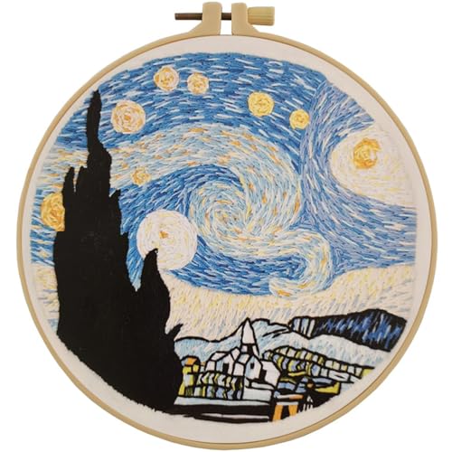 Esffaci Embroidery Starter Kit for Adults Beginners with Van Gogh Starry Night Pattern Stamped Cross Stitch Set with Embroidery Cloth Hoop Needles Threader Colorful Floss and Instruction - color: Starry Night