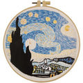 Esffaci Embroidery Starter Kit for Adults Beginners with Van Gogh Starry Night Pattern Stamped Cross Stitch Set with Embroidery Cloth Hoop Needles Threader Colorful Floss and Instruction - color: Starry Night