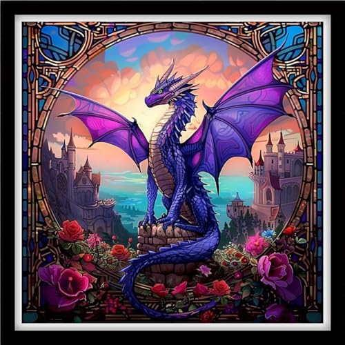 Fanxvivy Counted Cross Stitch Kits for Adults 11CT Unprinted Cross-Stitch Patterns Embroidery Kits Easy Cross Stitching Needlepoint Kits&Purple Wing Dragon Castle 18x18 inch - color: DIY-craft17