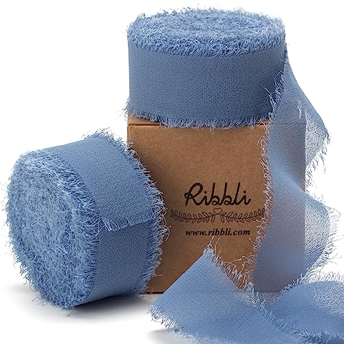 Ribbli Dusty Blue Chiffon Ribbon 1 Inch x 20 Yard Handmade Fringe Chiffon Silk Ribbon Dusty Blue Ribbon for Gifts Wrapping, Wedding Invitations, Bridal Bouquets, Flower Arrangement - color: Dusty Blue, size: 1 inch