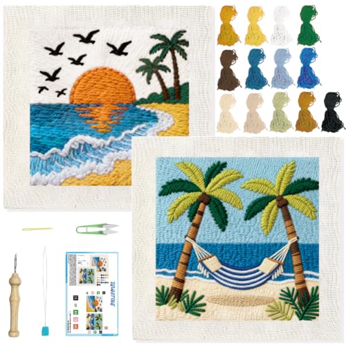 BEUNITONE 2Set Punch Needle Kits with Beach Pre-Print Pattern Easy for Adults Beginners, DIY Craft Embroidery Needlepoint Kits, Punch Needle Set for Craft Lovers Home Decor Festival Gift 9.4x9.4 - color: 02-Ocean Scenery
