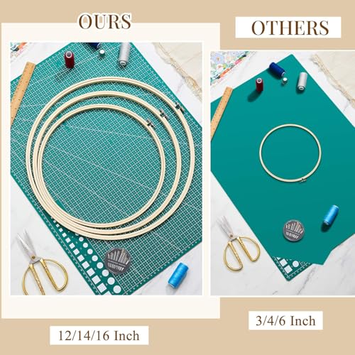 CroBlissful 3 Pcs Large Embroidery Hoop 12 14 16 Inch Round Wooden Kit