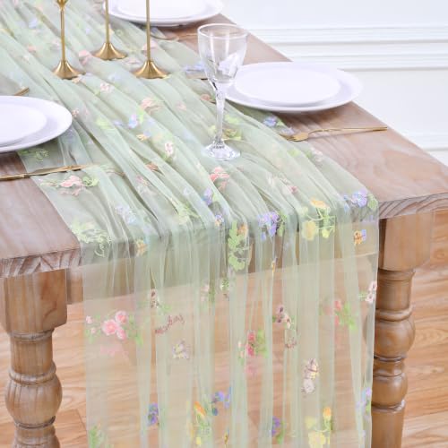 Floral Gauze Table Runner Green 10ft Embroidery Tulle Spring Wildflower - color: Green, size: 27"x120",1pc
