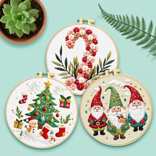 ERKOON Embroidery Kit for Beginners, 5 Sets Christmas Cross Stitch Set for Adults Include Embroidery Cloth Hoops Threads for Craft Lover Hand Stitch with Skill Techniques (Christmas#2) - color: Christmas#2