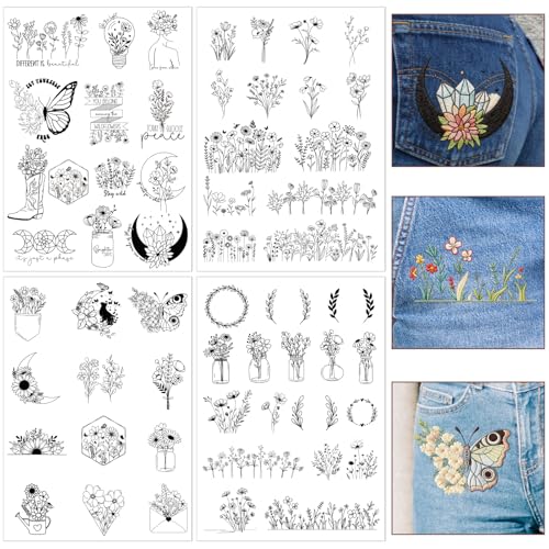 Water Soluble Stabilizer Embroidery Paper, 4 Sheet 60 PCS Boho Stick and Stitch Embroidery Paper Wash Away, Butterfly Flower Moon Transfers Papers DIY Crafts Gifts for Hand Sewing Lover Beginners - size: Boho Flower