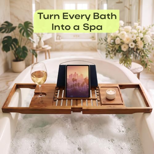 ROYAL CRAFT WOOD Premium Foldable Bathtub Tray Caddy - Wood Bath Tray for Tub, Bamboo Shelf, Expandable Bath Table Trays, Bathtub & Bathroom Accessories for New Home & Mothers, Birthday Gifts for Mom - color: Carbonized Bamboo