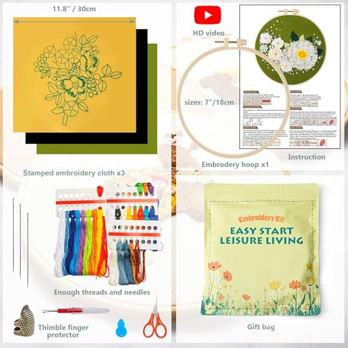 LX LERMX Embroidery Kits for Beginners, Adult Starter Cross Stitch Kit Needlepoint Complete DIY Kit with Unique Patterns, Hoop, Colorful Threads, Tools, Step by Step Instructions & Video Tutorial - color: Pattern 10 - 3PCS
